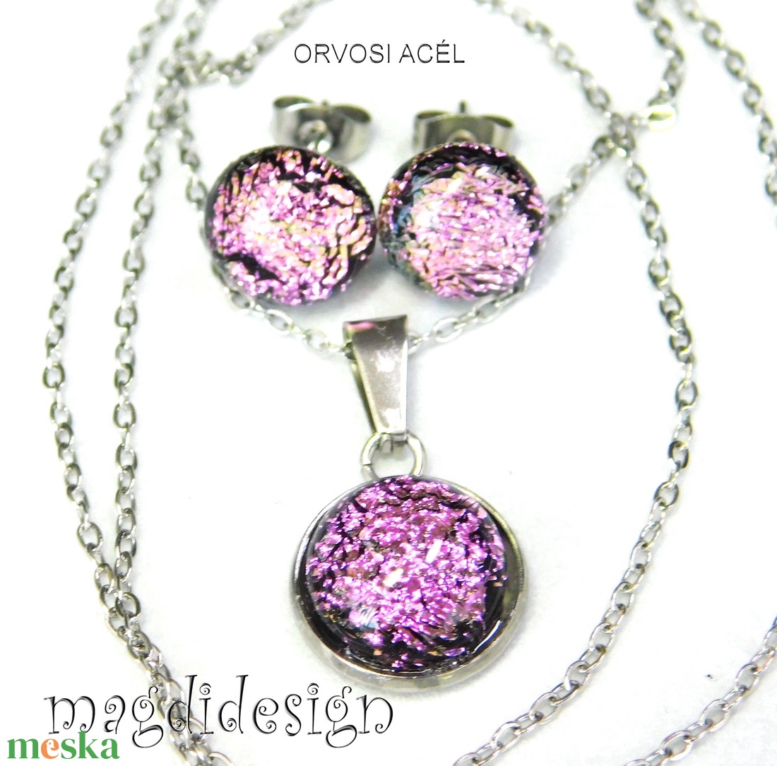Rózsaszín dichroic bogyós színtrió üvegékszer szett nyaklánc stiftes fülbevaló - ékszer - ékszerszett - Meska.hu