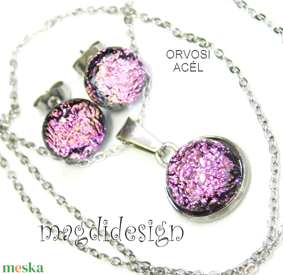 Rózsaszín dichroic bogyós színtrió üvegékszer szett nyaklánc stiftes fülbevaló - ékszer - ékszerszett - Meska.hu