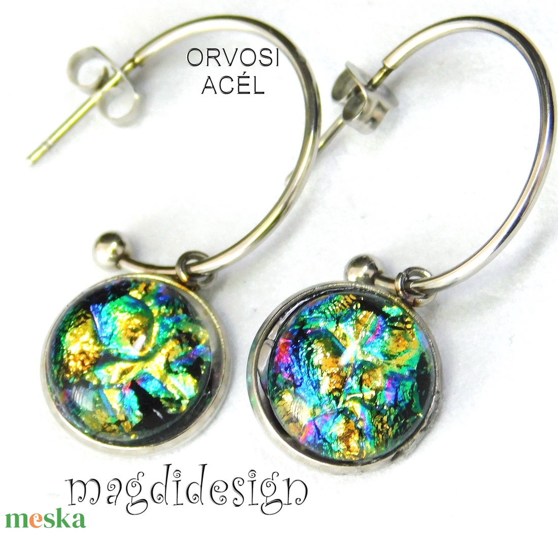 Szivárványos színjáték üvegékszer stiftes lógós fülbevaló - ékszer - fülbevaló - lógó fülbevaló - Meska.hu