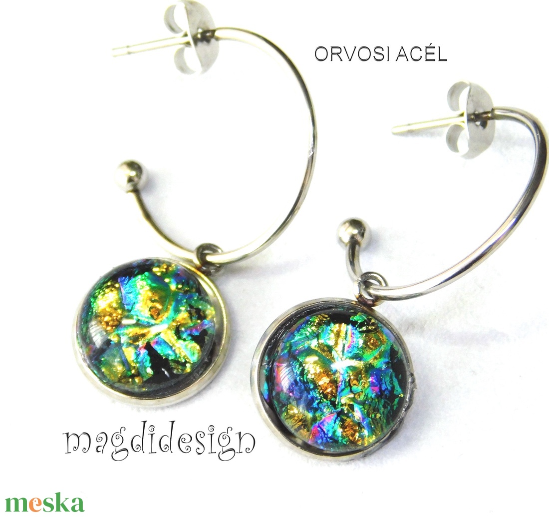 Szivárványos színjáték üvegékszer stiftes lógós fülbevaló - ékszer - fülbevaló - lógó fülbevaló - Meska.hu