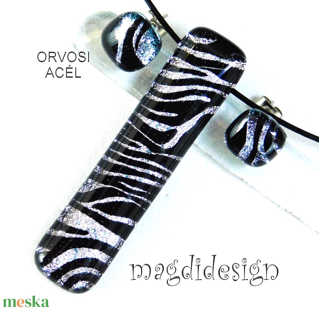  EXKLUZÍV  Fekete ezüst zebra üvegékszer szett nyaklánc stiftes fülbevaló - Anyák napjára, ballgásra - ékszer - ékszerszett - Meska.hu