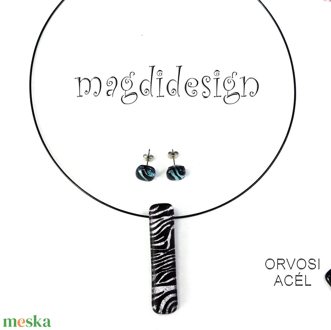  EXKLUZÍV  Fekete ezüst zebra üvegékszer szett nyaklánc stiftes fülbevaló - Anyák napjára, ballgásra - ékszer - ékszerszett - Meska.hu