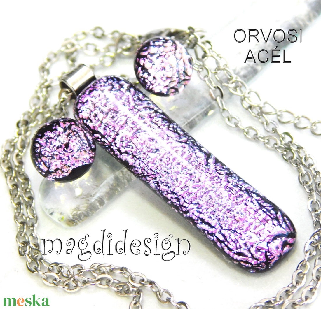  Szikrázó rózsaszín dichroic üvegékszer szett nyaklánc stiftes fülbevaló - ékszer - ékszerszett - Meska.hu