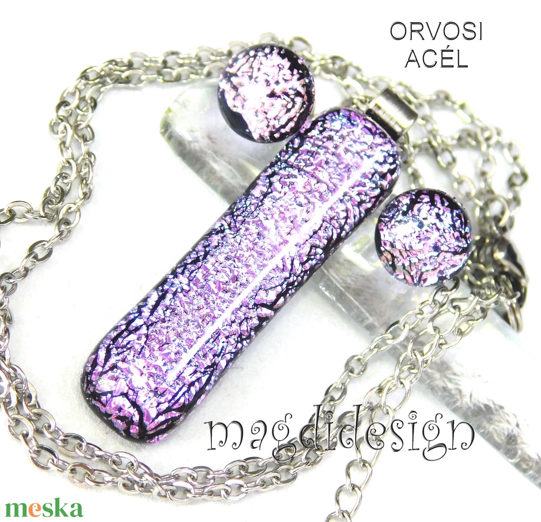  Szikrázó rózsaszín dichroic üvegékszer szett nyaklánc stiftes fülbevaló - ékszer - ékszerszett - Meska.hu
