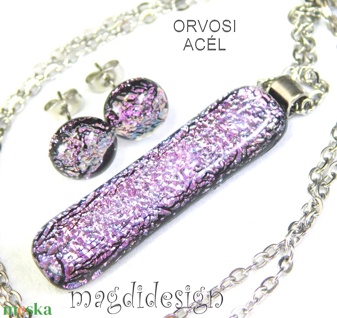  Szikrázó rózsaszín dichroic üvegékszer szett nyaklánc stiftes fülbevaló - ékszer - ékszerszett - Meska.hu