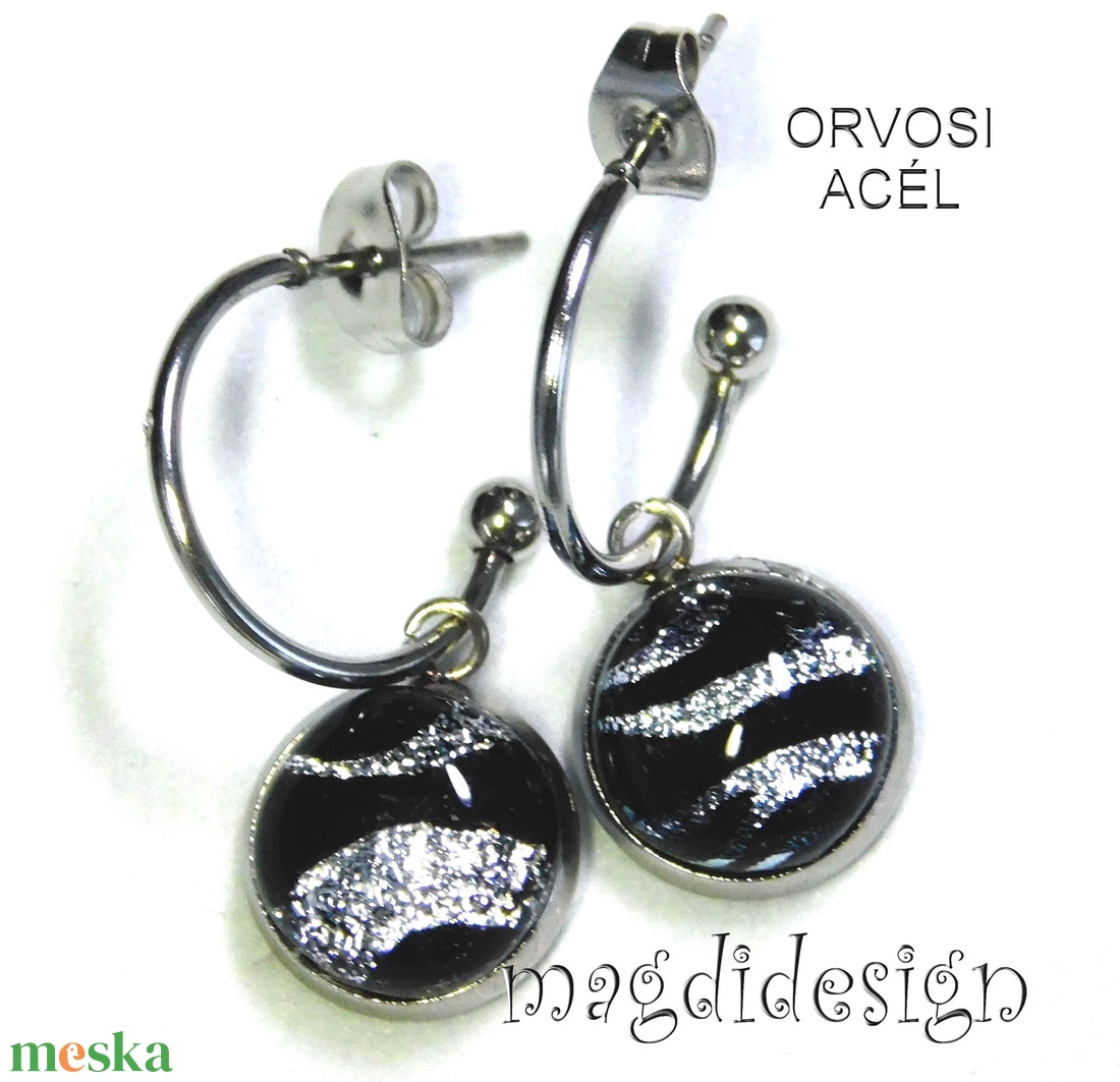 EXKLUZÍV  Fekete ezüst zebra üvegékszer lógós fülbevaló - Anyák napjára, ballgásra - ékszer - fülbevaló - lógó fülbevaló - Meska.hu