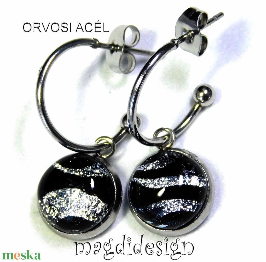 EXKLUZÍV  Fekete ezüst zebra üvegékszer lógós fülbevaló - Anyák napjára, ballgásra - ékszer - fülbevaló - lógó fülbevaló - Meska.hu