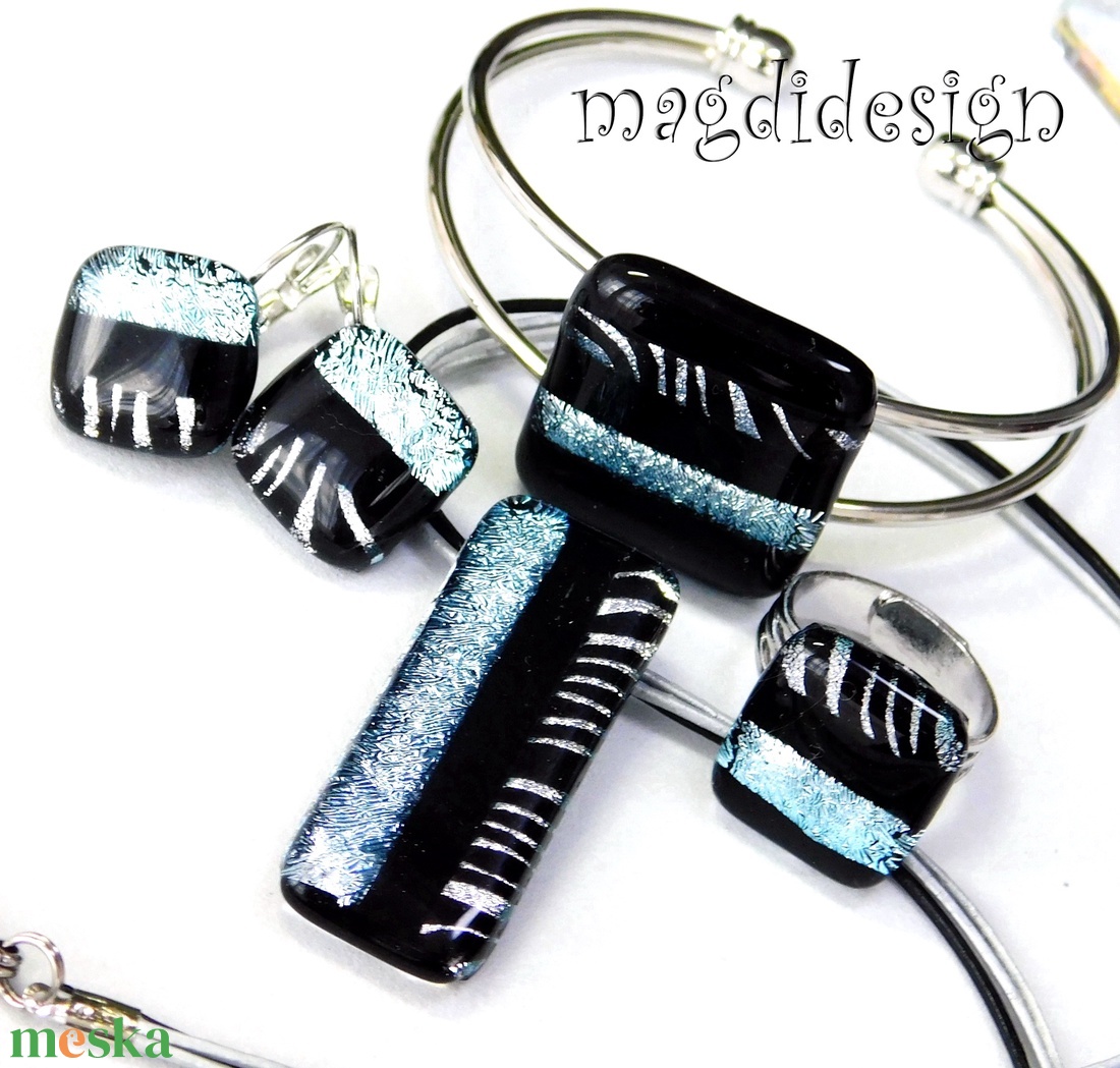  EXKLUZÍV  Fekete ezüst zebra üvegékszer szett nyaklánc, karkötő, gyűrű fülbevaló - Anyák napjára, ballgásra - ékszer - ékszerszett - Meska.hu