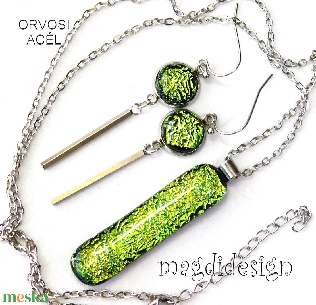 Exkluzív szikrázó zöld dichroic üvegékszer szett nyaklánc lógós fülbevaló - ékszer - ékszerszett - Meska.hu
