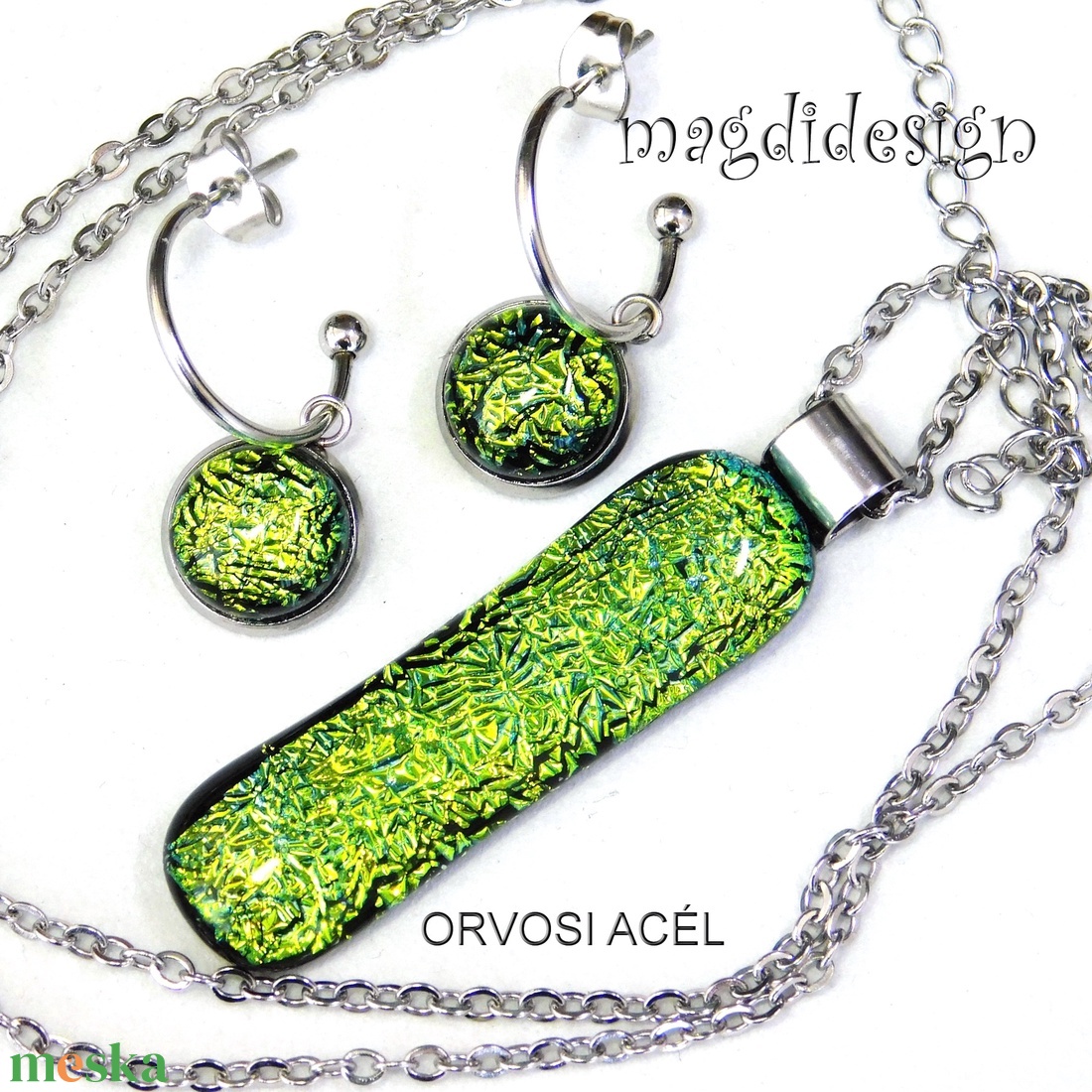 Exkluzív szikrázó zöld dichroic üvegékszer szett nyaklánc lógós fülbevaló 1 - ékszer - ékszerszett - Meska.hu