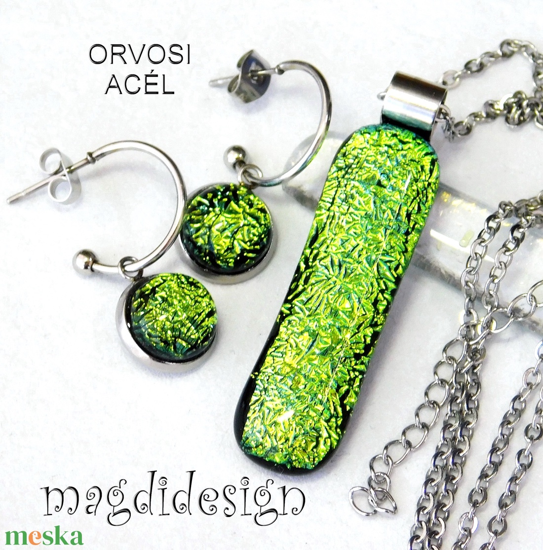 Exkluzív szikrázó zöld dichroic üvegékszer szett nyaklánc lógós fülbevaló 1 - ékszer - ékszerszett - Meska.hu