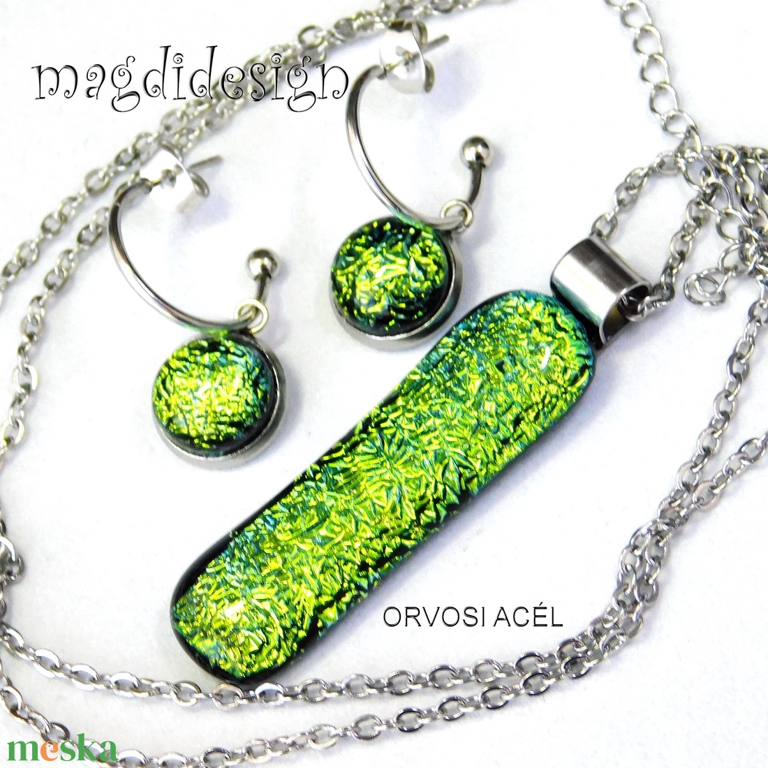 Exkluzív szikrázó zöld dichroic üvegékszer szett nyaklánc lógós fülbevaló 1 - ékszer - ékszerszett - Meska.hu