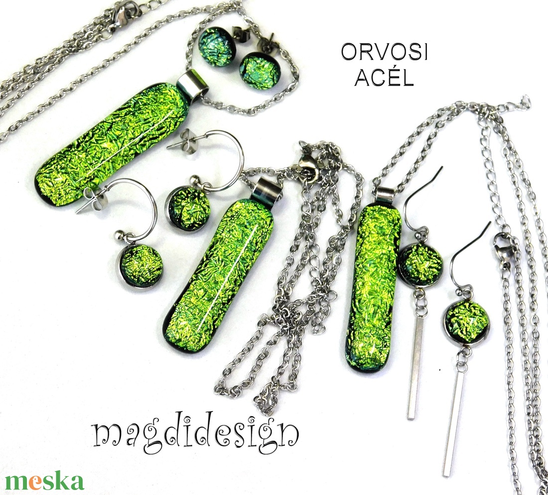 Exkluzív szikrázó zöld dichroic üvegékszer szett nyaklánc lógós fülbevaló 1 - ékszer - ékszerszett - Meska.hu