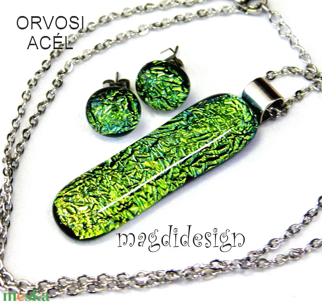 Exkluzív szikrázó zöld dichroic üvegékszer szett nyaklánc stiftes fülbevaló  - ékszer - ékszerszett - Meska.hu