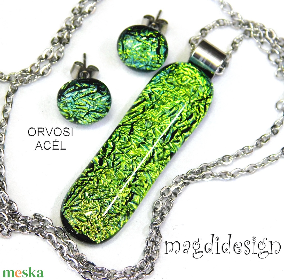 Exkluzív szikrázó zöld dichroic üvegékszer szett nyaklánc stiftes fülbevaló  - ékszer - ékszerszett - Meska.hu