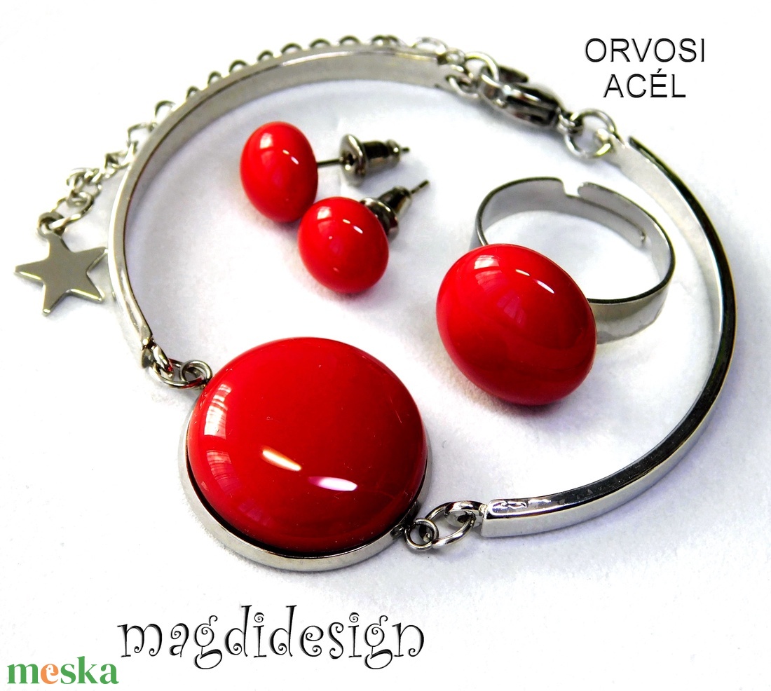 Meggypiros üvegékszer szett karkötő, gyűrű, stiftes fülbevaló   - ékszer - ékszerszett - Meska.hu