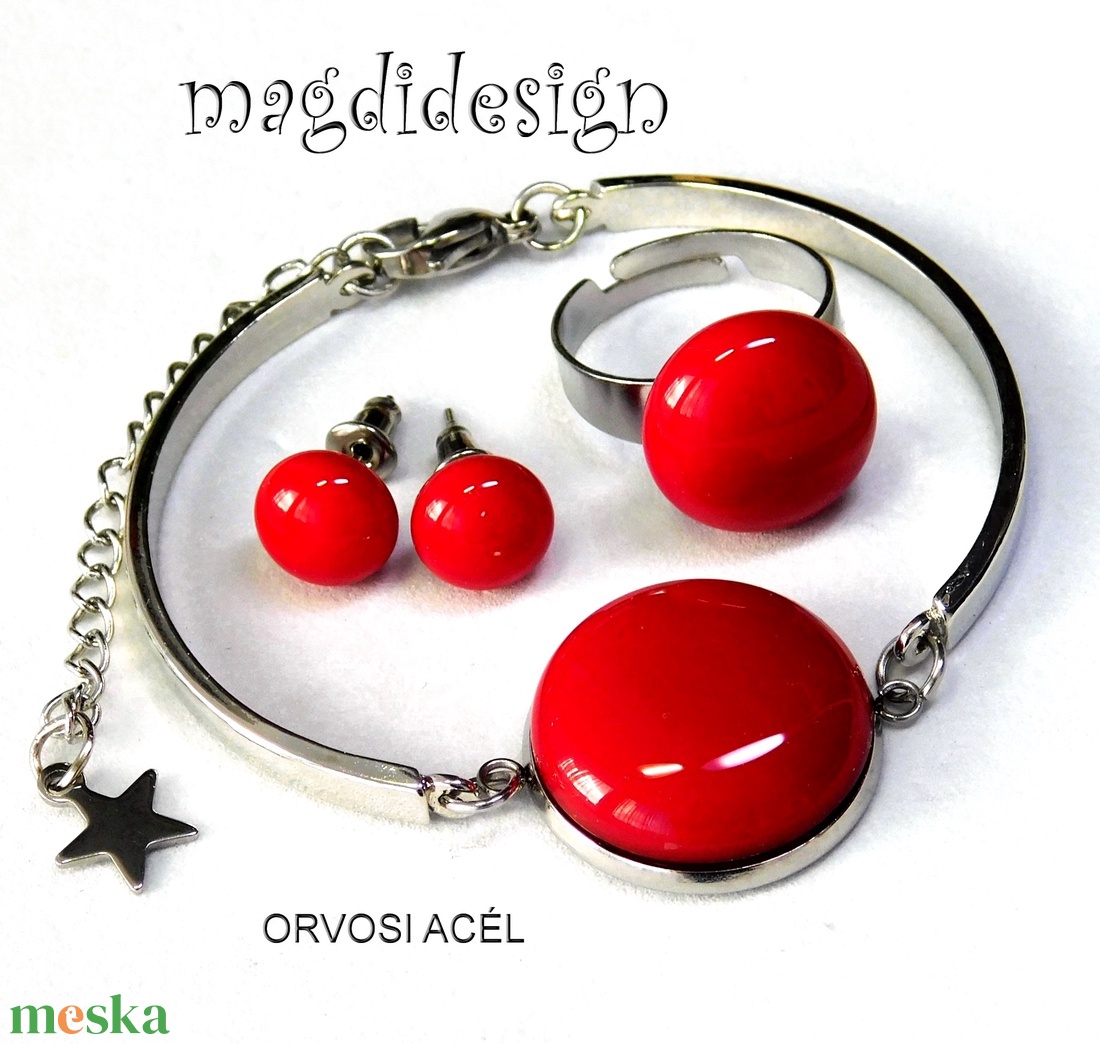 Meggypiros üvegékszer szett karkötő, gyűrű, stiftes fülbevaló   - ékszer - ékszerszett - Meska.hu