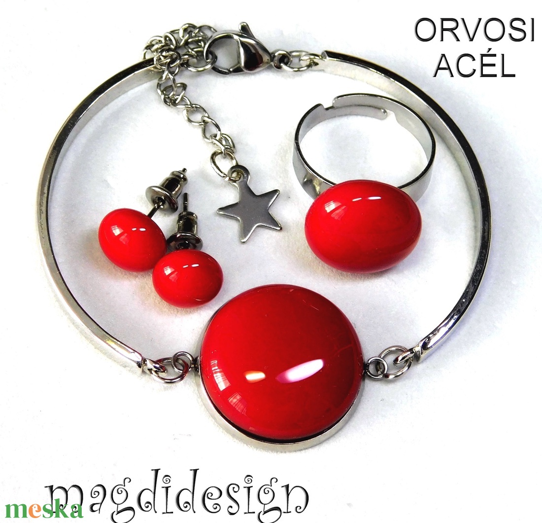 Meggypiros üvegékszer szett karkötő, gyűrű, stiftes fülbevaló   - ékszer - ékszerszett - Meska.hu