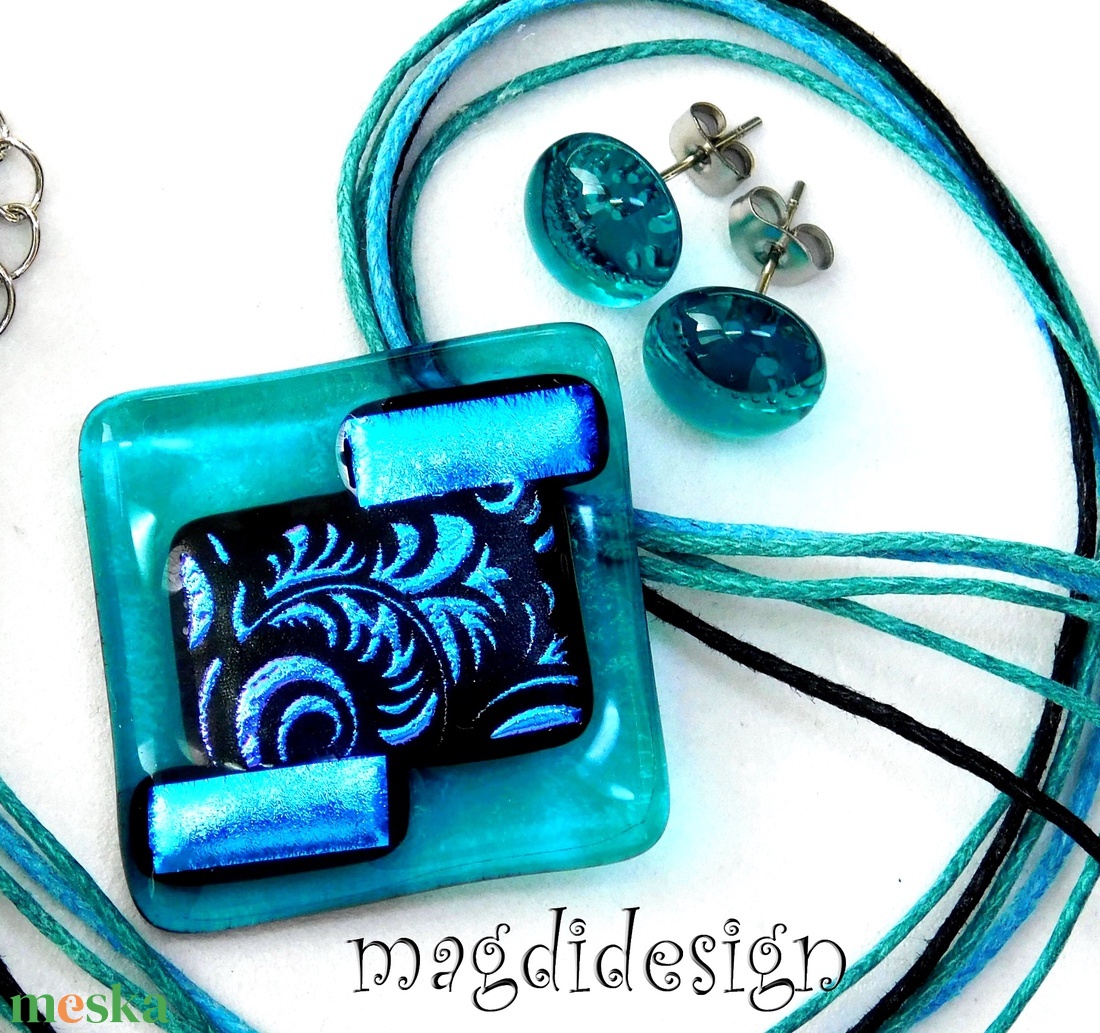 Türkiz-rózsaszín színjáték dichroic üvegékszer szett nyaklánc fülbevaló - ékszer - ékszerszett - Meska.hu