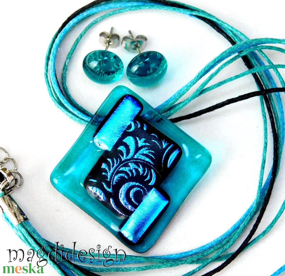 Türkiz-rózsaszín színjáték dichroic üvegékszer szett nyaklánc fülbevaló - ékszer - ékszerszett - Meska.hu