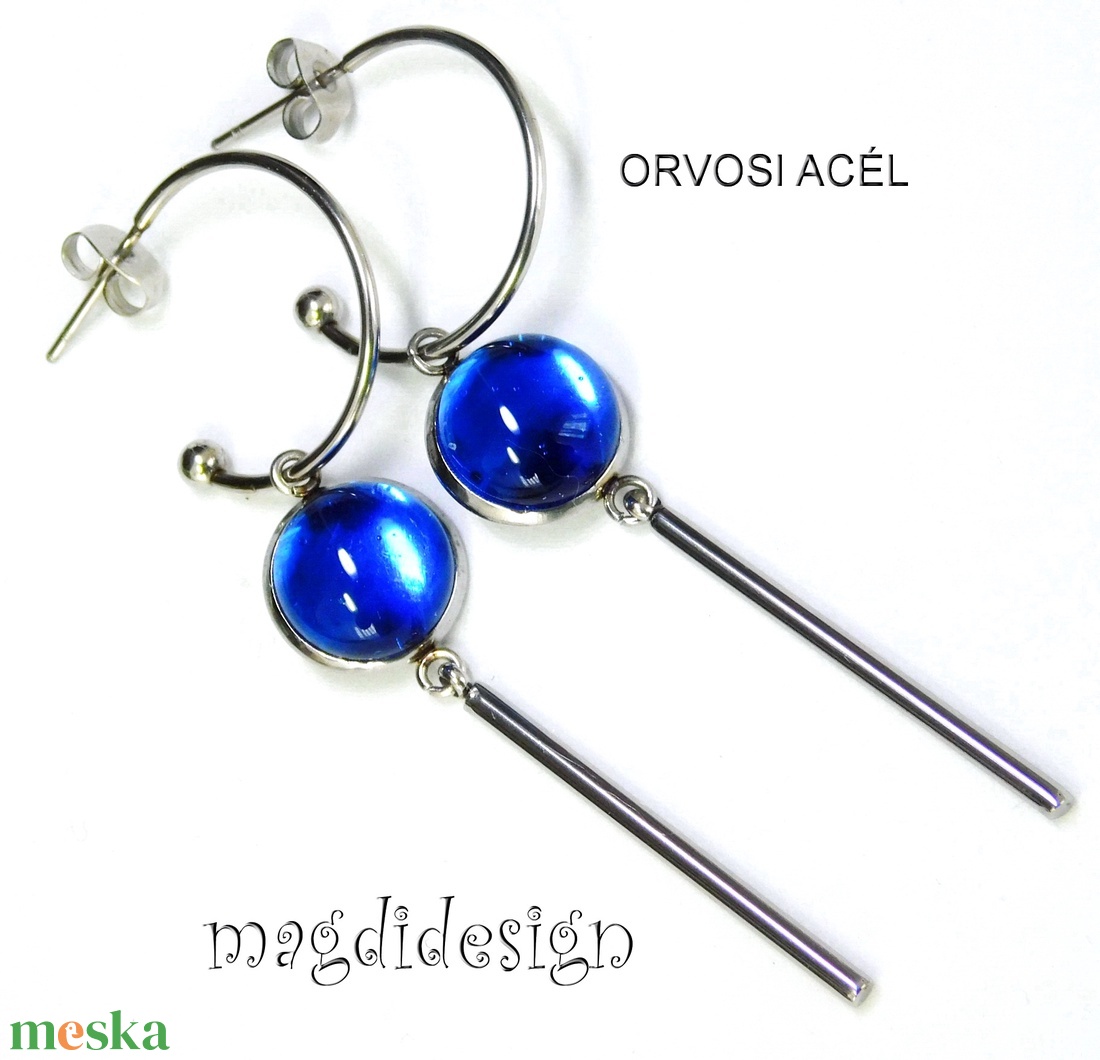 Vízkék üvegékszer karikás, lógós nemesacél fülbevaló - ékszer - fülbevaló - lógó fülbevaló - Meska.hu