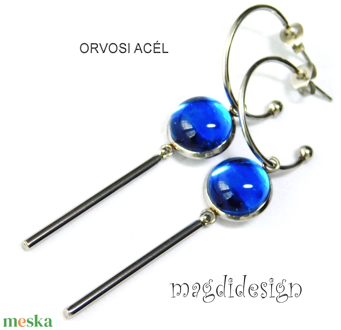 Vízkék üvegékszer karikás, lógós nemesacél fülbevaló - ékszer - fülbevaló - lógó fülbevaló - Meska.hu