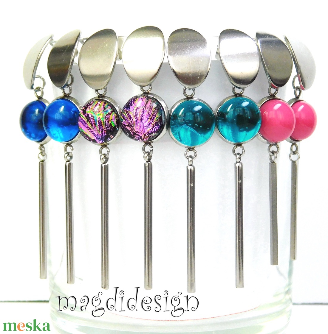 Mályvás rózsaszín üvegékszer lógós nemesacél fülbevaló - ékszer - fülbevaló - lógó fülbevaló - Meska.hu