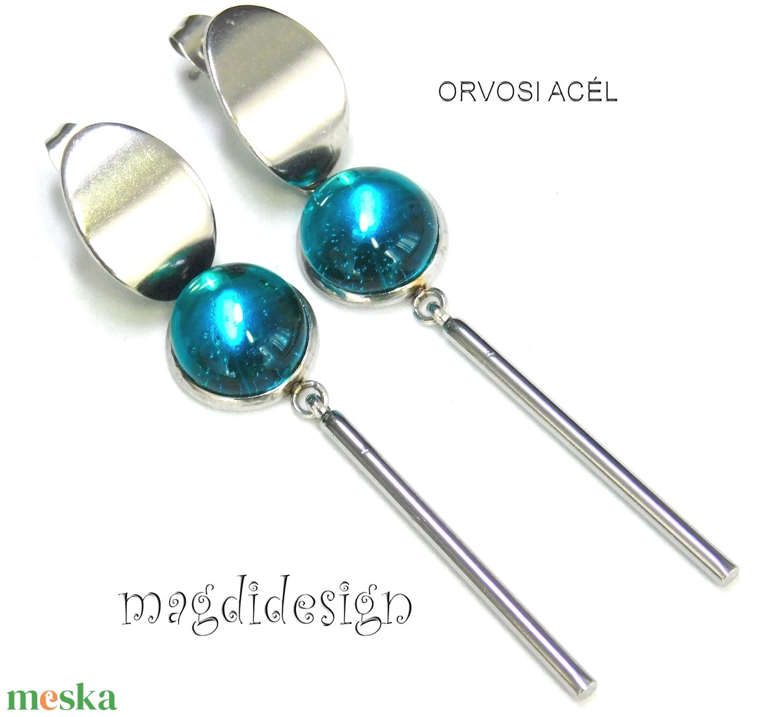 Türkiz üvegékszer lógós nemesacél fülbevaló - ékszer - fülbevaló - lógó fülbevaló - Meska.hu
