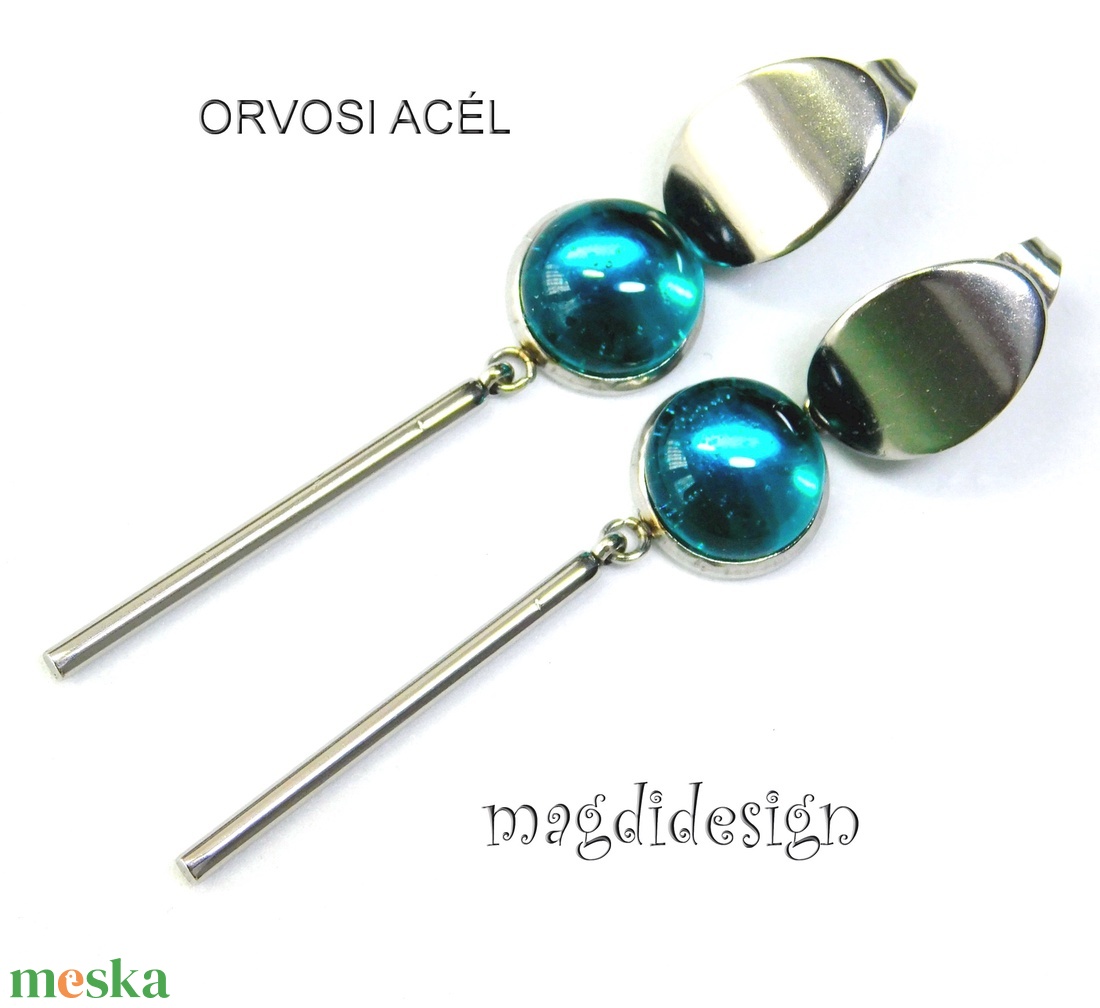 Türkiz üvegékszer lógós nemesacél fülbevaló - ékszer - fülbevaló - lógó fülbevaló - Meska.hu