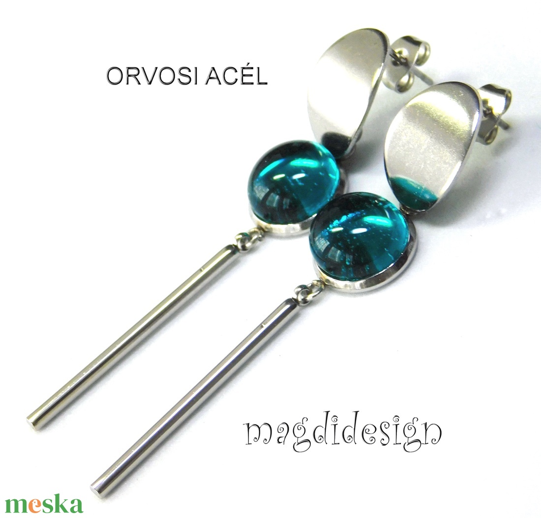 Égszínkék üvegékszer lógós nemesacél fülbevaló - ékszer - fülbevaló - lógó fülbevaló - Meska.hu