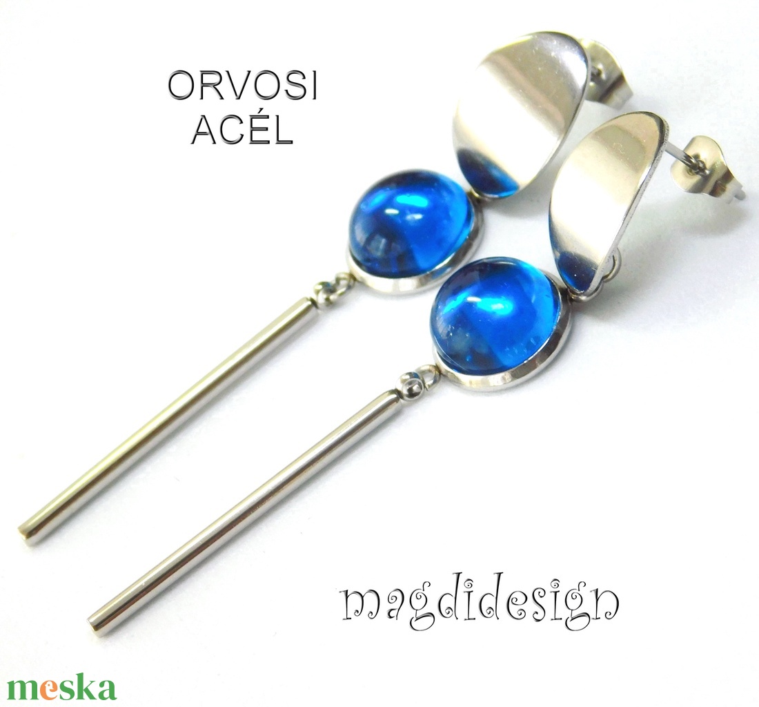 Égszínkék üvegékszer lógós nemesacél fülbevaló - ékszer - fülbevaló - lógó fülbevaló - Meska.hu