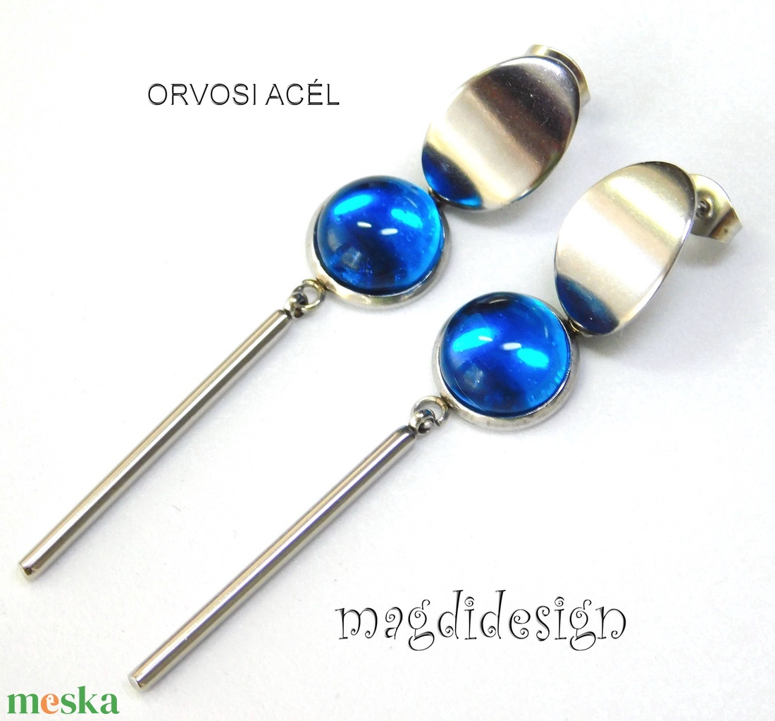 Égszínkék üvegékszer lógós nemesacél fülbevaló - ékszer - fülbevaló - lógó fülbevaló - Meska.hu