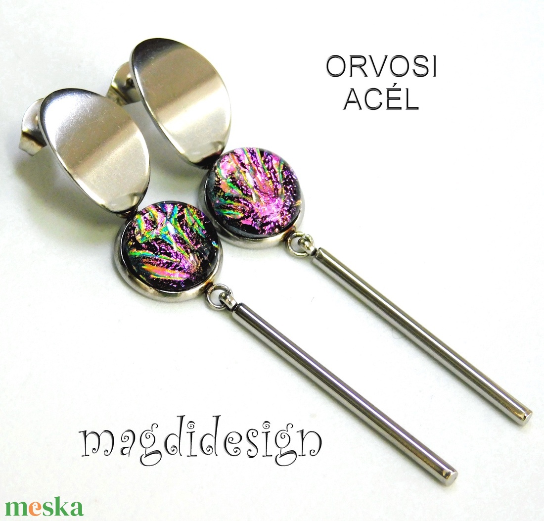 Mályvás rózsaszín üvegékszer lógós nemesacél fülbevaló - ékszer - fülbevaló - lógó fülbevaló - Meska.hu