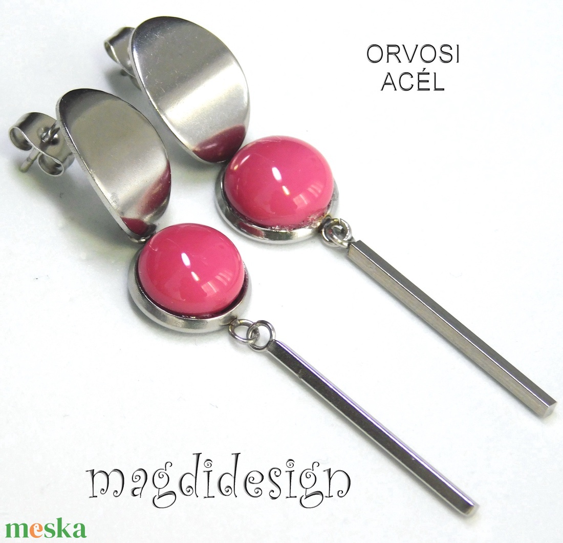 Mályvás rózsaszín üvegékszer lógós nemesacél fülbevaló - ékszer - fülbevaló - lógó fülbevaló - Meska.hu