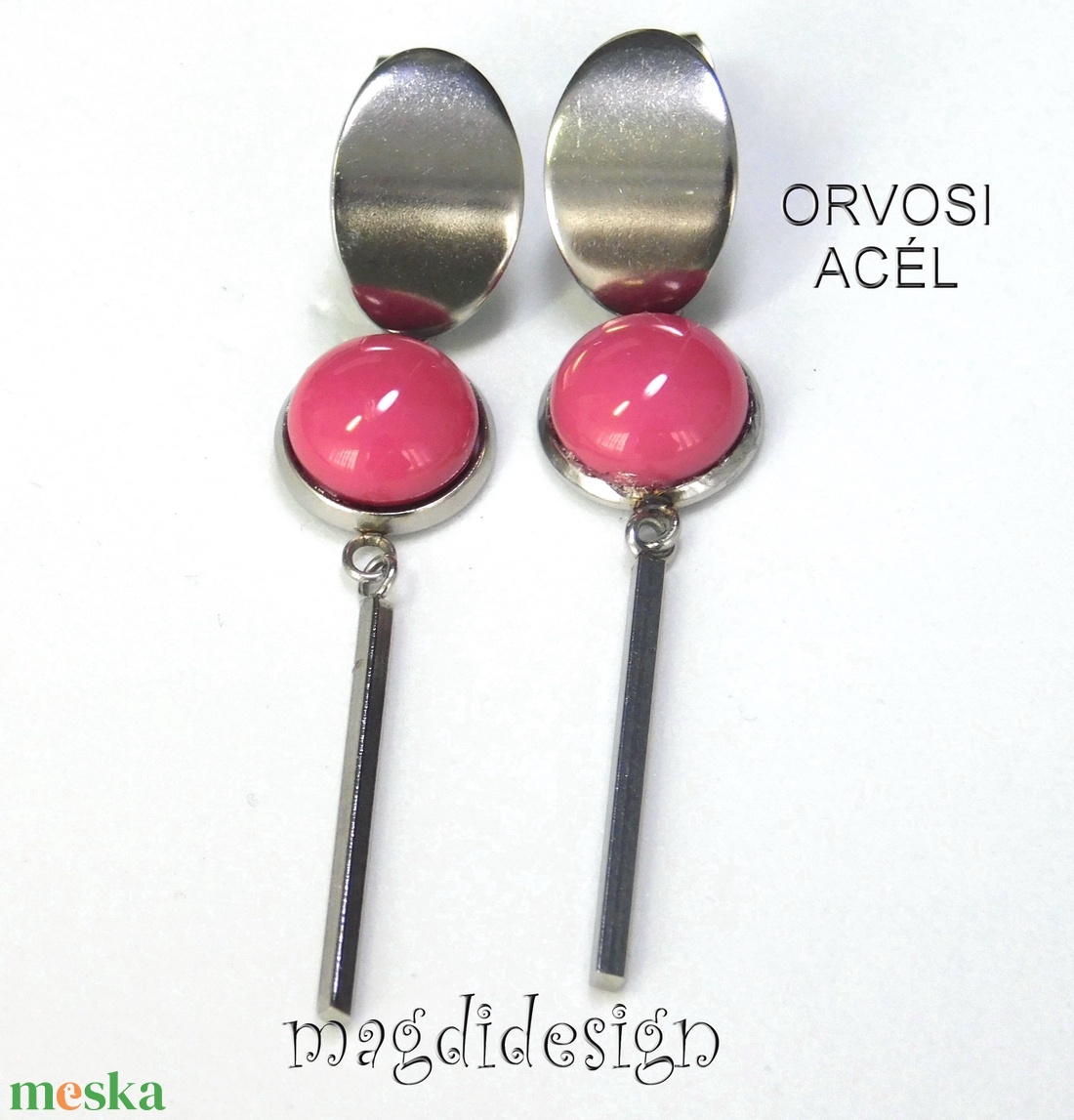 Mályvás rózsaszín üvegékszer lógós nemesacél fülbevaló - ékszer - fülbevaló - lógó fülbevaló - Meska.hu