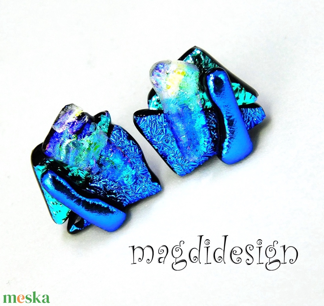 NEMESACÉL! Kék-türkiz-arany  borzaska dichroic üvegékszer stiftes fülbevaló  - ékszer - fülbevaló - pötty fülbevaló - Meska.hu