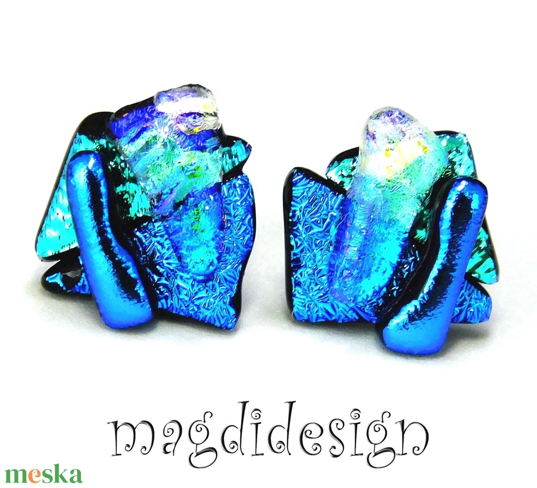 NEMESACÉL! Kék-türkiz-arany  borzaska dichroic üvegékszer stiftes fülbevaló  - ékszer - fülbevaló - pötty fülbevaló - Meska.hu