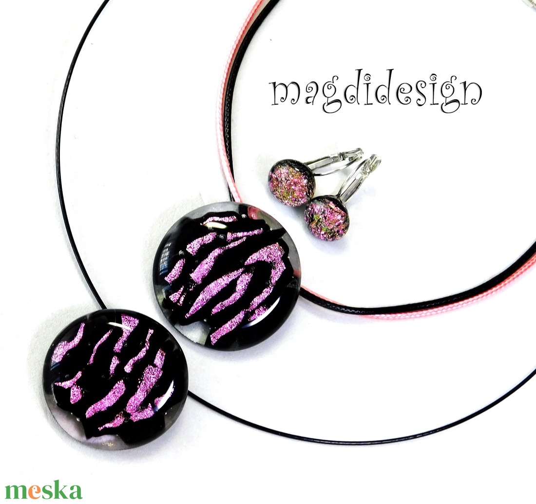 MAXI Rózsaszín fekete üvegékszer szett nyaklánc kapcsos fülbevaló  Anyák napjára, ballagásra, születésnapra, névnapra - ékszer - ékszerszett - Meska.hu