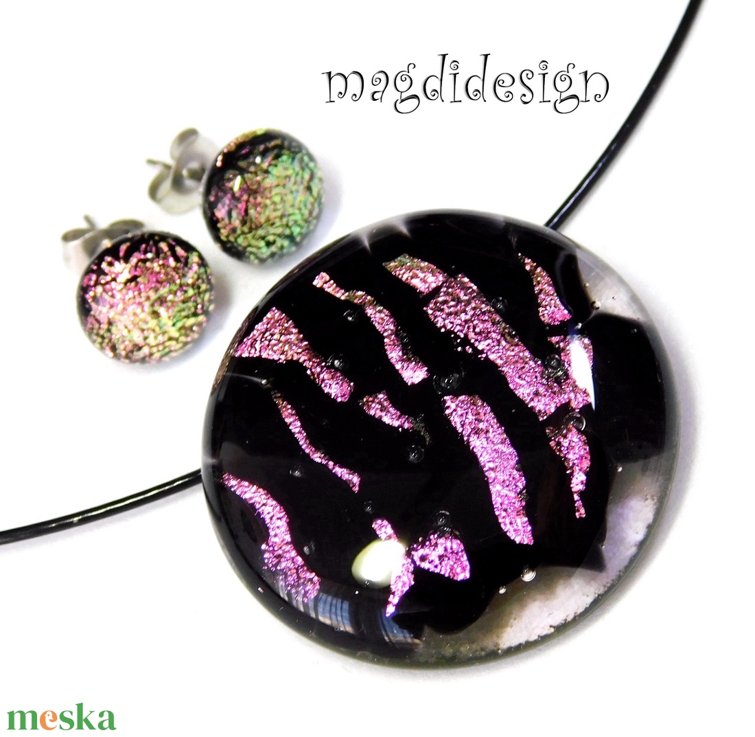 MAXI Rózsaszín fekete üvegékszer szett nyaklánc stiftes fülbevaló  Anyák napjára, ballagásra, születésnapra, névnapra - ékszer - ékszerszett - Meska.hu