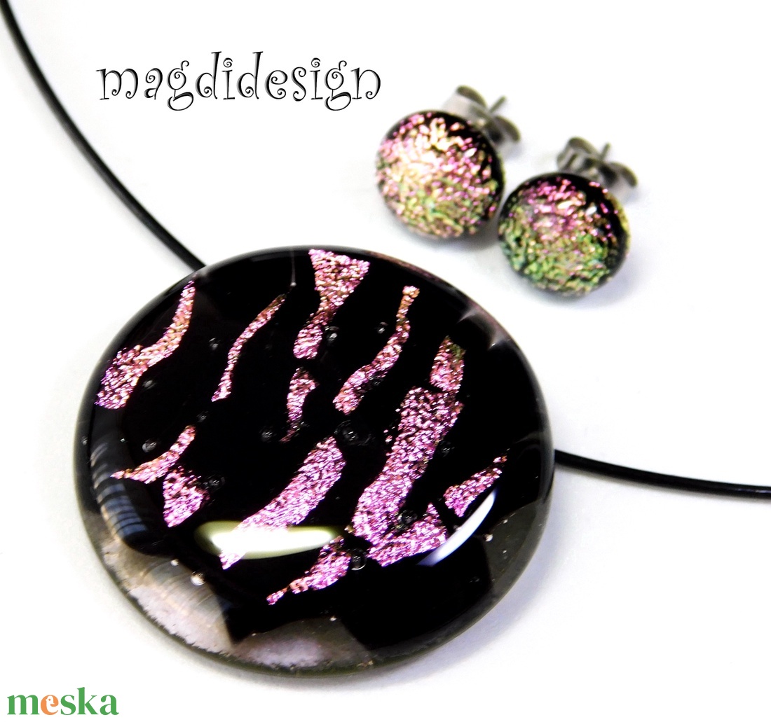 MAXI Rózsaszín fekete üvegékszer szett nyaklánc stiftes fülbevaló  Anyák napjára, ballagásra, születésnapra, névnapra - ékszer - ékszerszett - Meska.hu