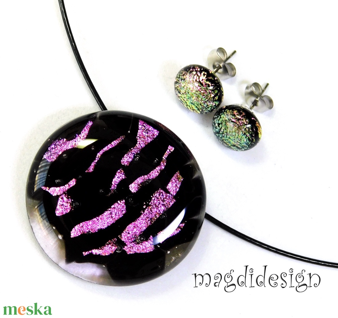 MAXI Rózsaszín fekete üvegékszer szett nyaklánc stiftes fülbevaló  Anyák napjára, ballagásra, születésnapra, névnapra - ékszer - ékszerszett - Meska.hu