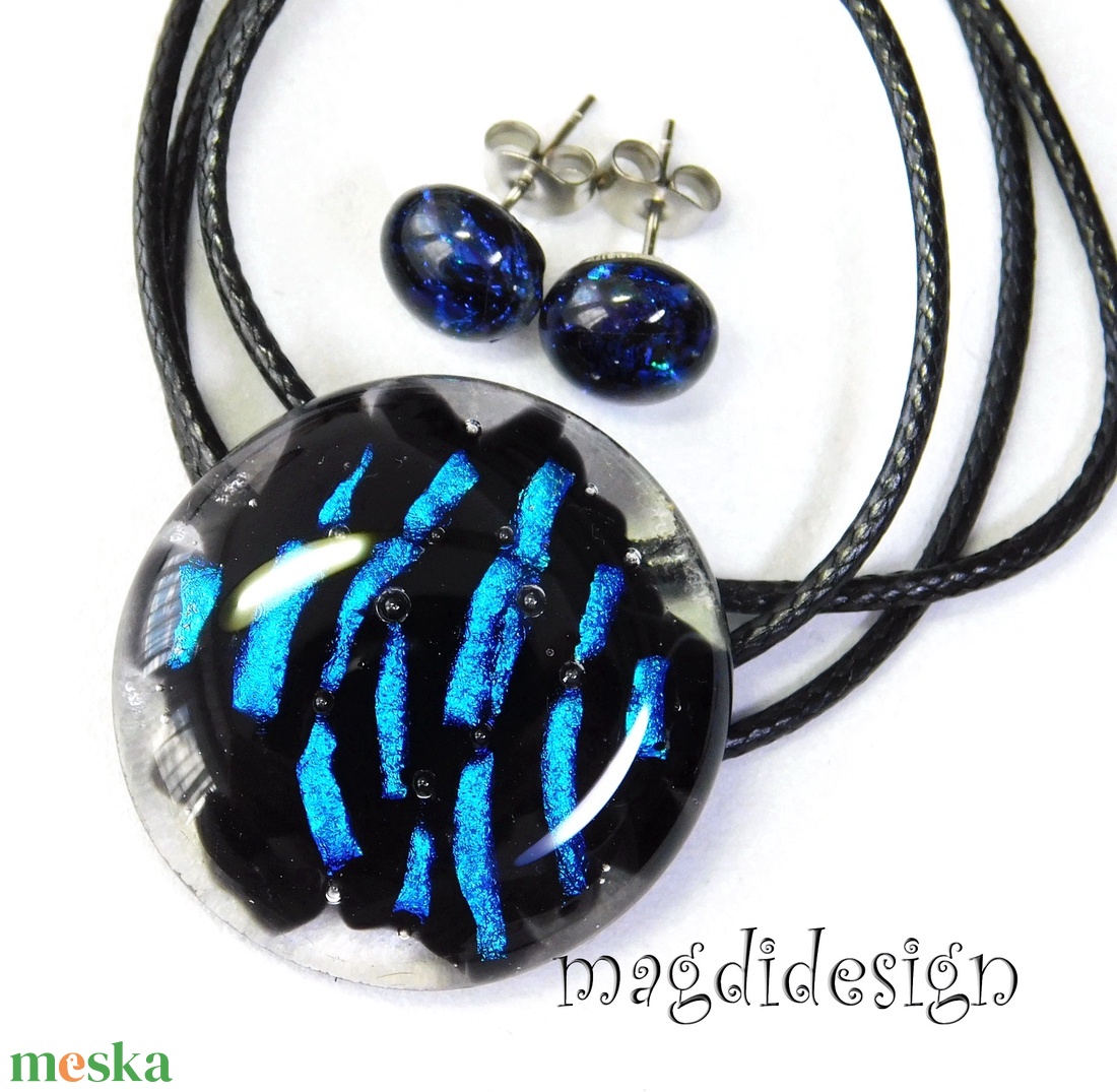  Kék fekete üvegékszer szett nyaklánc stiftes fülbevaló 1   Anyák napjára, ballagásra, születésnapra, névnapra - ékszer - ékszerszett - Meska.hu