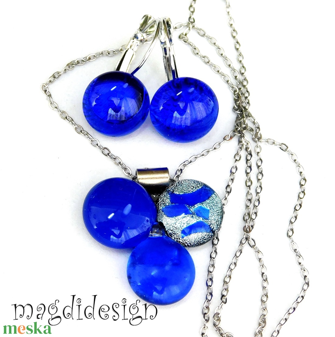 Ezüst-kék dichroic bogyós színtrió üvegékszer szett nyaklánc kapcsos fülbevaló  Ballagásra, anyák napjára, névnapra - ékszer - ékszerszett - Meska.hu