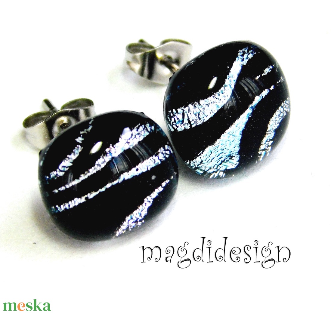  EXKLUZÍV  Fekete ezüst zebra üvegékszer stiftes fülbevaló - Anyák napjára, ballgásra - ékszer - fülbevaló - pötty fülbevaló - Meska.hu