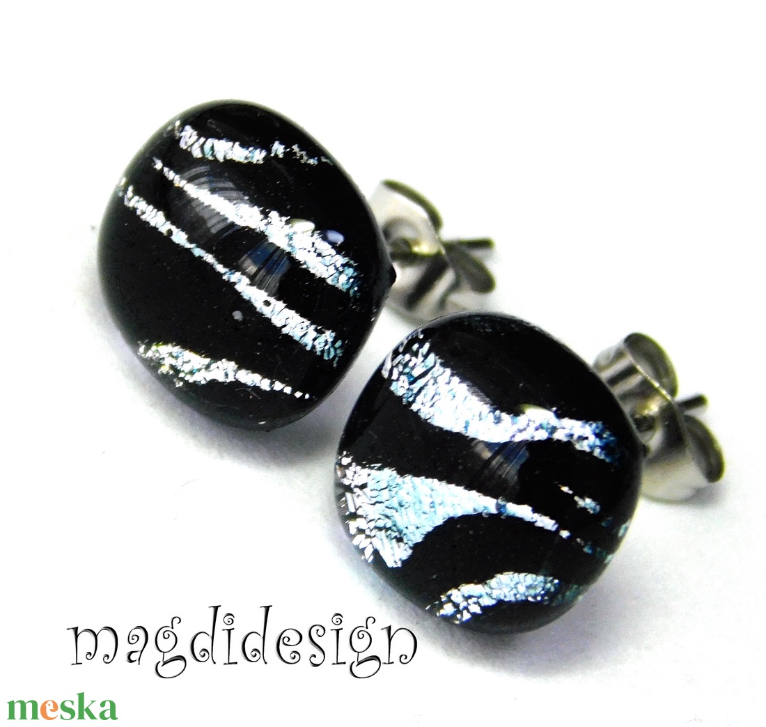  EXKLUZÍV  Fekete ezüst zebra üvegékszer stiftes fülbevaló - Anyák napjára, ballgásra - ékszer - fülbevaló - pötty fülbevaló - Meska.hu