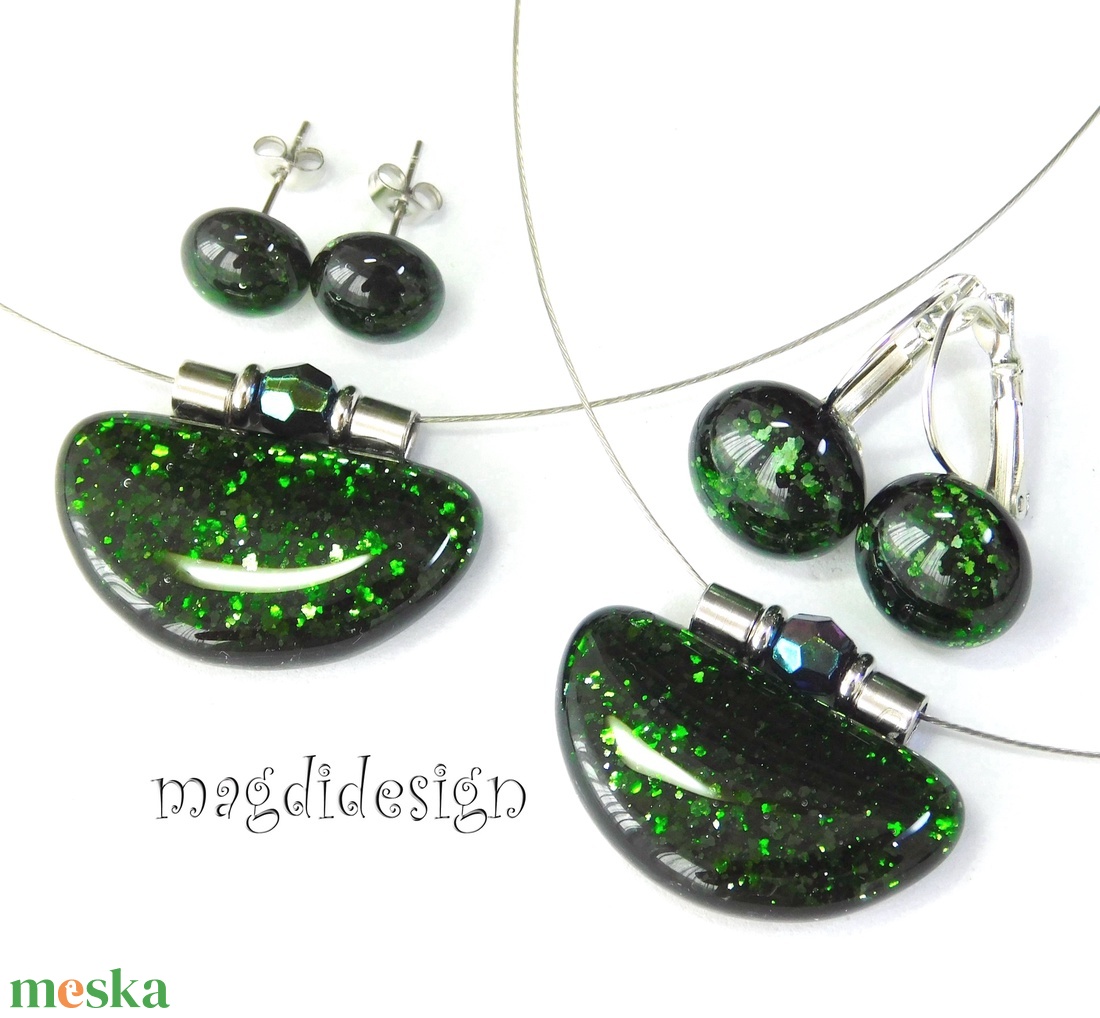 Zöld aventurin csillogás üvegékszer szett, nyaklánc, kapcsos fülbevaló 1 - ékszer - ékszerszett - Meska.hu