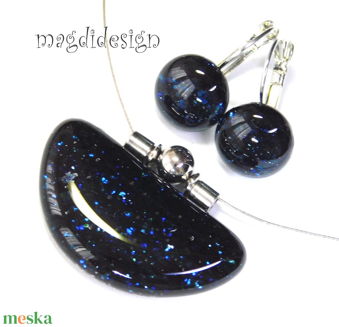 Kék  aventurin csillogás üvegékszer szett, nyaklánc, kapcsos fülbevaló 1 - ékszer - ékszerszett - Meska.hu