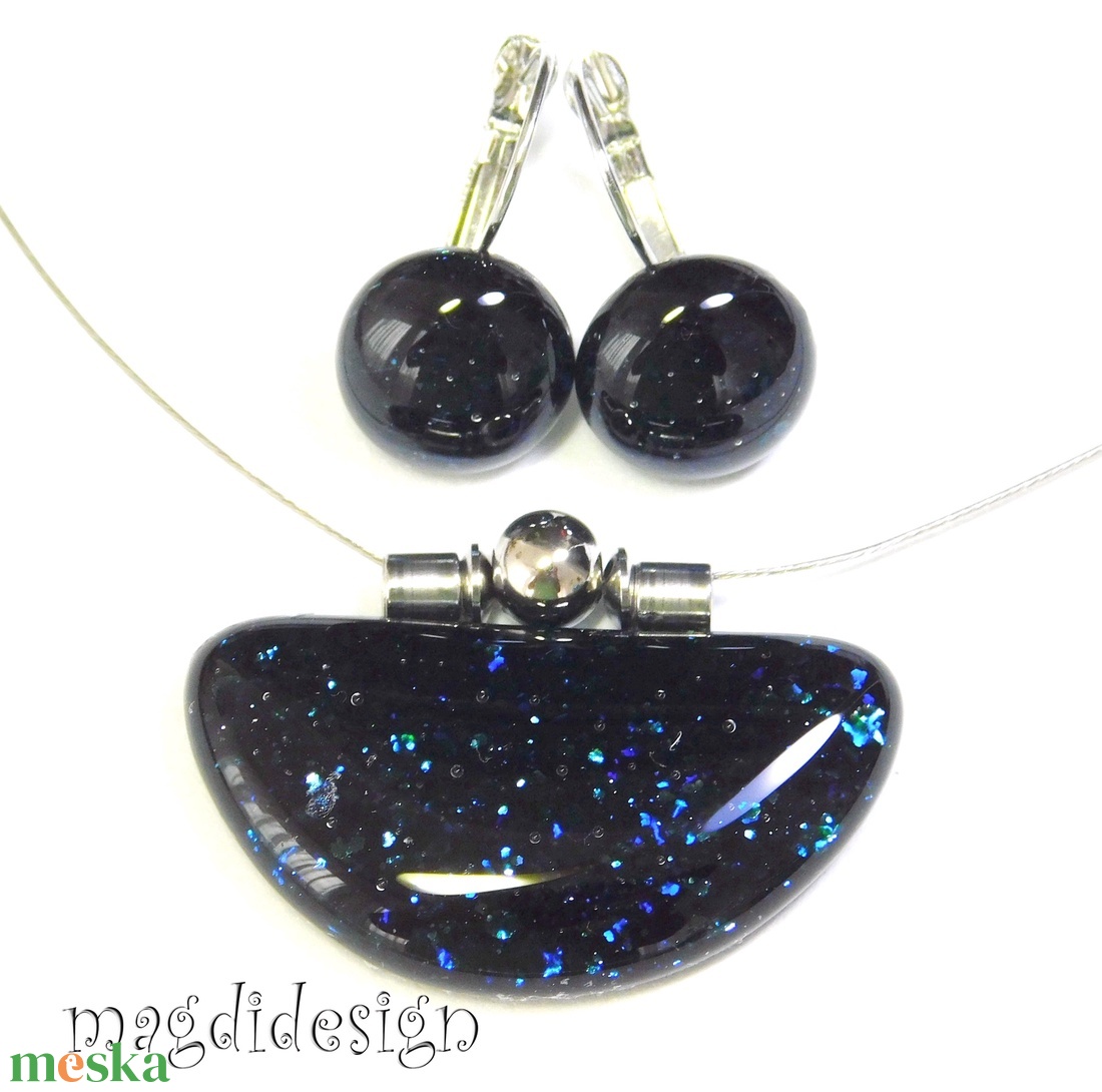 Kék  aventurin csillogás üvegékszer szett, nyaklánc, kapcsos fülbevaló 1 - ékszer - ékszerszett - Meska.hu