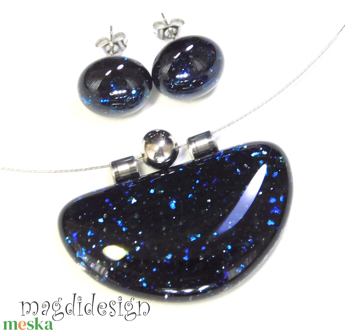 Kék  aventurin csillogás üvegékszer szett, nyaklánc, kapcsos fülbevaló 1 - ékszer - ékszerszett - Meska.hu