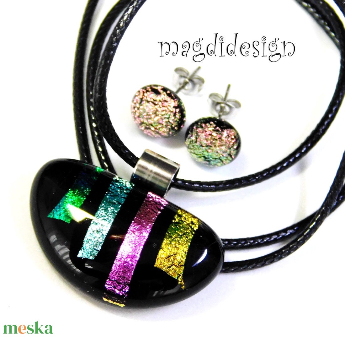 NEMESACÉL! Színes dichroic csikok üvegékszer szett, nyaklánc, stiftes fülbevaló 1 - ékszer - ékszerszett - Meska.hu